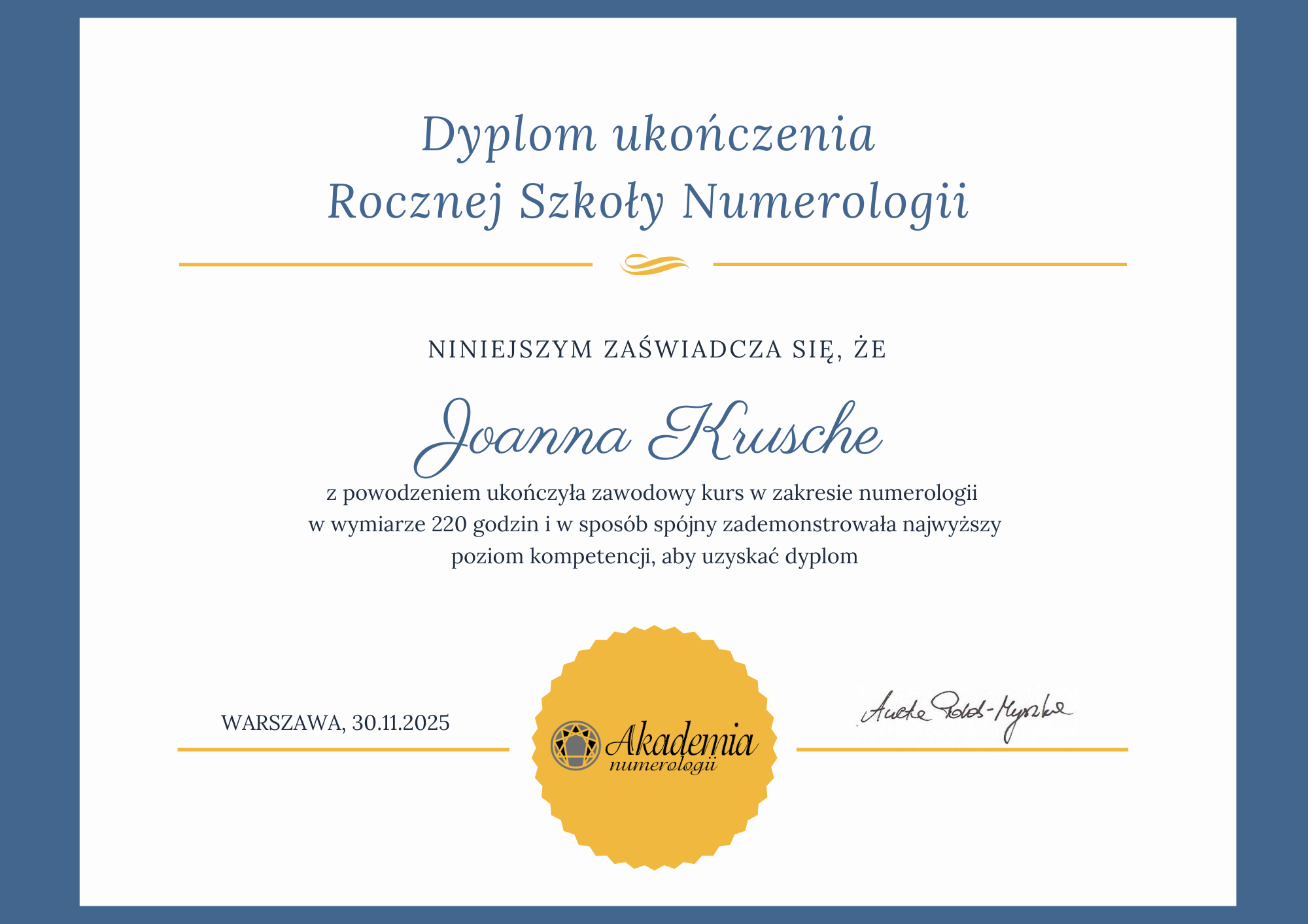 Joanna Krusche dyplom Akademii Numerologii.png