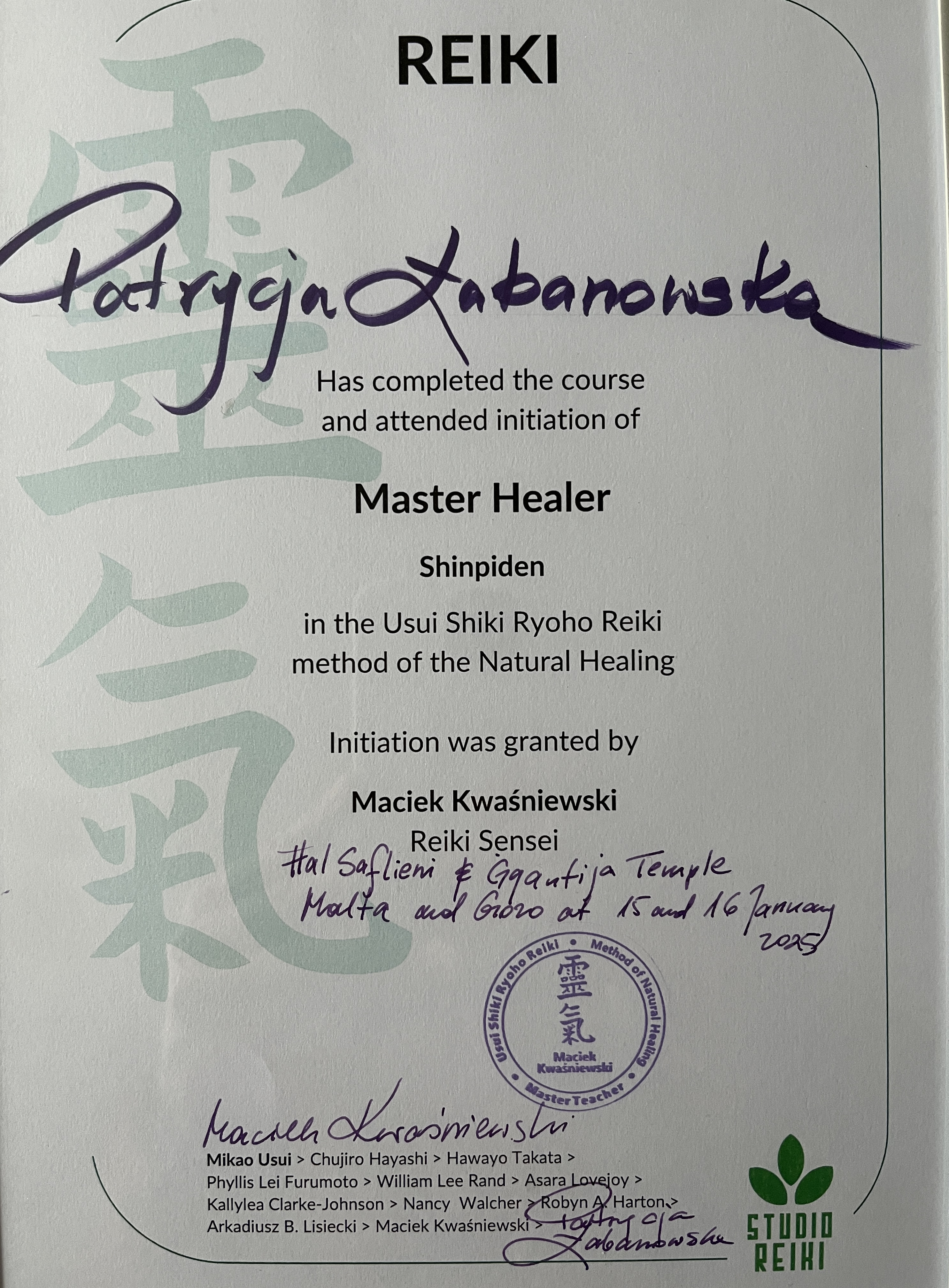 Master Healer Reiki certificate.JPG