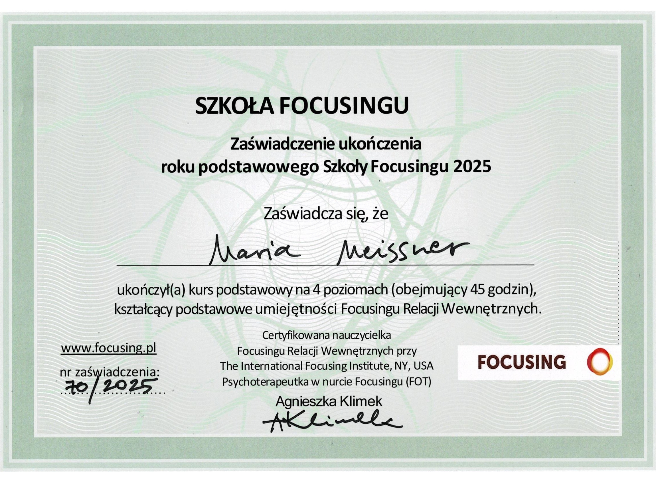 Zaświadczenie ukończenia treningu Foccusingu Relacji Wewnętrznych poziom wstępny_Maria Meissner.jpg